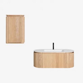 Conjunto Vaniteitmeubel 120x50 Cm Zwevend In Hout Met Geïntegreerde Wasbak Carsone Natuurlijk Hout & Natuurlijk Hout & Spiegelloze & Mat Zwart ↑20 Cm