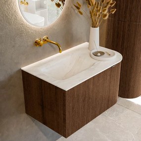 Mondiaz Kurve-dlux 75cm badmeubel ronding rechts walnut met 1 lade en deur en wastafel grunne links zonder kraangat ostra