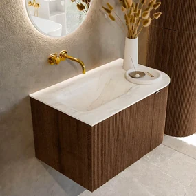 Mondiaz Kurve-dlux 75cm badmeubel ronding rechts walnut met 1 lade en deur en wastafel grunne links zonder kraangat ostra