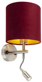 LED Wandlamp staal met leeslamp en kap velours 20/20/20 rood Modern E27 rond Binnenverlichting Lamp