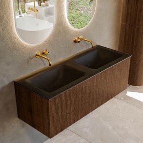 Mondiaz Kurve 120cm badmeubel walnut met 1 lade en wastafel cloud dubbel zonder kraangat urban