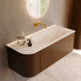 Mondiaz Kurve-dlux 115cm badmeubel ronding links dusk met 1 lade en deur en wastafel big small rechts zonder kraangat ostra