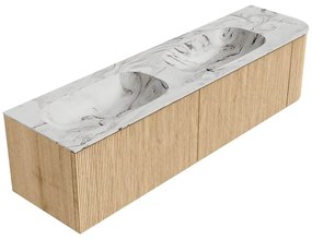 Mondiaz Kurve-dlux 175cm badmeubel ronding rechts oak met 2 lades en 1 deur en wastafel stor small dubbel/links 2 kraangaten glace