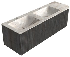 Mondiaz Kurve-dlux 145cm badmeubel ronding rechts shadow met 1 lade en deur en wastafel leaf dubbel/links 2 kraangaten frappe