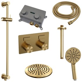 Brauer Gold Carving thermostatische inbouw regendouche met 3 standen handdouche, plafondarm, glijstang en hoofddouche 20cm set 71 messing geborsteld PVD