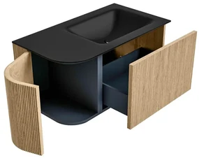 Mondiaz Kurve 85cm badmeubel ronding links oak met 1 lade en deur en wastafel cloud rechts zonder kraangat urban