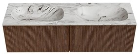 Mondiaz Kurve-dlux 150cm badmeubel walnut met 2 lades en wastafel stor small dubbel 2 kraangaten glace