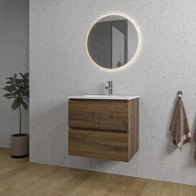 Adema Chaci Badkamermeubelset - 60x46x57cm - 1 ovale keramische wasbak wit - 1 kraangat - 2 lades - ronde spiegel met verlichting - noten (hout) SW1212758/SW718716/SW108325