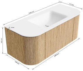 Mondiaz Kurve 110cm badmeubel ronding links/rechts oak met 1 lade en 2 deuren en wastafel cloud midden zonder kraangat urban