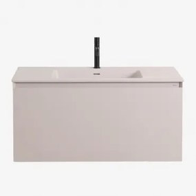 Macrae Zwevend Houten Badkamermeubelset Met Geïntegreerde Wastafel Beige – Linnen & Spiegelloze & Mat Zwart ↑20 Cm Met Afvoerkraan Met Overloop Orveta