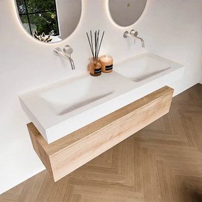 Zaro Alan badmeubel 140cm washed oak 1 lade met vrijhangende wastafel cloud dubbel zonder kraangat talc
