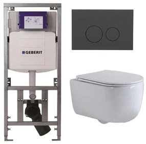 QeramiQ Dely Swirl Toiletset - 36.3x51.7cm - Geberit UP320 inbouwreservoir - slim zitting - bedieningsplaat mat antraciet - ronde knoppen - wit glans 0701131/SW1102376/SW1000766/SW1026256