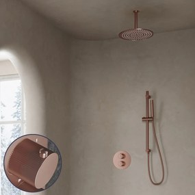 Saniclear Copper Stripes inbouw regendouche rond met 20cm hoofddouche, plafondarm en glijstang geborsteld koper