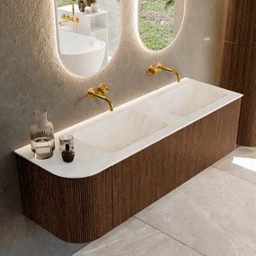 Mondiaz Kurve-dlux 145cm badmeubel ronding links walnut met 1 lade en deur en wastafel leaf dubbel/rechts zonder kraangat opalo