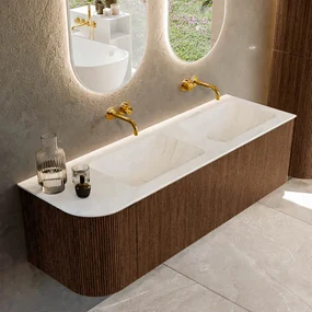 Mondiaz Kurve-dlux 145cm badmeubel ronding links walnut met 1 lade en deur en wastafel leaf dubbel/rechts zonder kraangat opalo