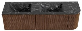 Mondiaz Kurve-dlux 155cm badmeubel ronding rechts walnut met 2 lades en 1 deur en wastafel leaf dubbel/links zonder kraangat lava