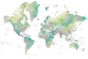 Kaart Watercolor world map with cities in muted green, Oriole, Blursbyai