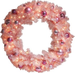 Practo Home verlichte kerstkrans - roze - Diameter 80 cm - 90 warm witte ledlampjes - met kerstballen