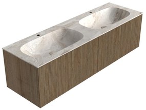 Mondiaz Kurve-dlux 150cm badmeubel dusk met 2 lades en wastafel stor small dubbel 2 kraangaten frappe