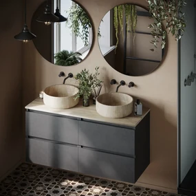 Fontana White Travertin mat zwart wastafelmeubel 120cm met toppaneel en ronde waskommen