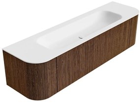 Mondiaz Kurve 170cm badmeubel ronding links/rechts walnut met 1 lade en 2 deuren en wastafel big large midden 2 kraangaten