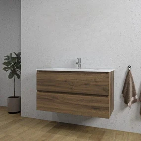 Adema Chaci Badkamermeubelset - 100x46x57cm - 1 keramische wasbak wit - 1 kraangat - 2 lades - noten (hout) SW1212772/SW804532