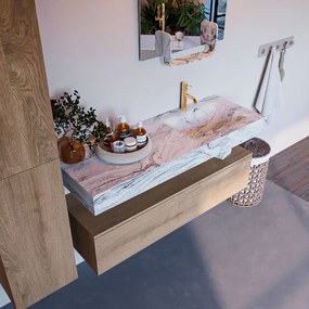 Mondiaz Alan DLux badmeubel 130cm washed oak 1 lade met wastafel glace rechts 1 kraangat