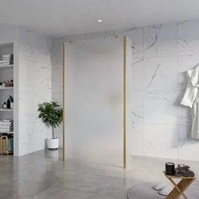 Fortifura Galeria Vrijstaande Inloopdouche - 110x200cm - Glas mat - antikalk - 8mm veiligheidsglas - 2 zijwanden 30cm - wandsteunen en hoekprofielen - Geborsteld Messing PVD (Goud) SW927770 2x/SW915251/SW797931 2x/SW798731 2x