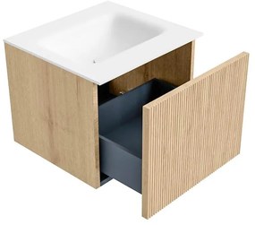 Mondiaz Kurve 50cm badmeubel oak met 1 lade en wastafel grunne midden zonder kraangat