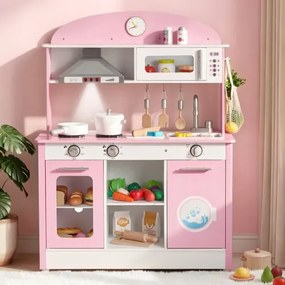 VEVOR Speelkeuken voor Kinderen, Houten Kinderkeuken met Licht &amp; Geluid, Houten Keuken met Fornuis, Oven, Spoelbak, Magnetron, Afzuigkap &amp; Vaatwasser, Keukenspeelgoed met Kookset voor Kinderen vanaf 3 jaar, Roze
