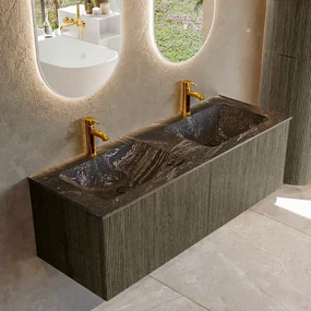 Mondiaz Kurve-dlux 130cm badmeubel shadow met 2 lades en wastafel leaf dubbel 2 kraangaten lava