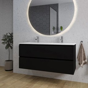 Adema Chaci Badkamermeubelset - 120x46x57cm - 2 keramische wasbakken wit - 2 kraangaten - 2 lades - ronde spiegel met verlichting - mat zwart SW1212777/SW804533/SW161923