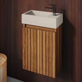 Fontana Crest toiletmeubel ribbelfront walnoot 40x22cm met beige fontein rechts