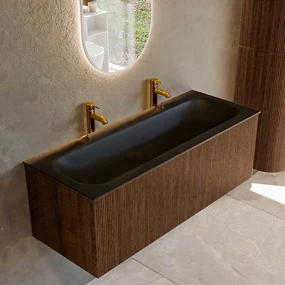 Mondiaz Kurve 120cm badmeubel walnut met 1 lade en wastafel big large midden 2 kraangaten urban