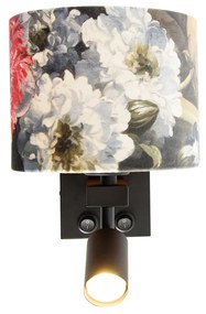 Wandlamp zwart met leeslamp en kap 18 cm bloemen - Brescia Modern E27 vierkant Binnenverlichting Lamp