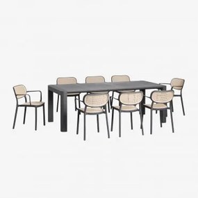 Arnadine Rechthoekige Tafelset (220x100 Cm) En 8 Stapelbare Eetkamerstoelen Met Omara Armleuningen Grijs – Grafiet - Sklum