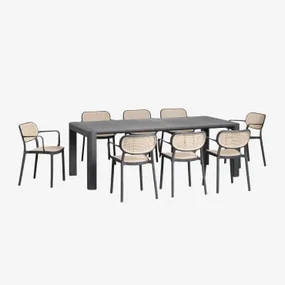 Arnadine Rechthoekige Tafelset (220x100 Cm) En 8 Stapelbare Eetkamerstoelen Met Omara Armleuningen Grijs – Grafiet - Sklum