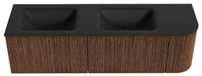 Mondiaz Kurve 155cm badmeubel ronding rechts walnut met 2 lades en 1 deur en wastafel cloud dubbel/links 2 kraangaten urban