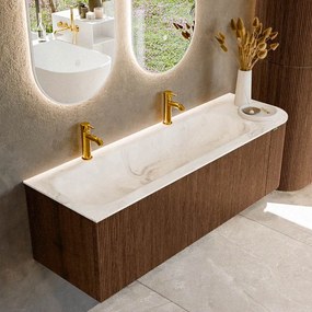 Mondiaz Kurve-dlux 145cm badmeubel ronding rechts walnut met 1 lade en deur en wastafel big large links 2 kraangaten frappe
