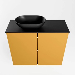 Mondiaz Fowy toiletmeubel 60cm ocher met zwarte waskom links en kraangat