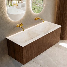 Mondiaz Kurve-dlux 120cm badmeubel walnut met 1 lade en wastafel leaf dubbel zonder kraangat frappe