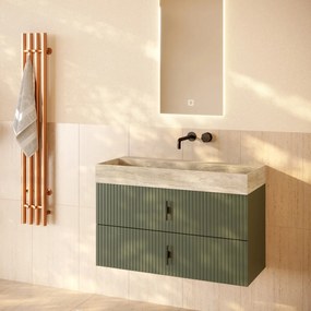 Muebles Murcia badmeubel ribbelfront 100cm legergroen met White Travertin wastafel zonder kraangat