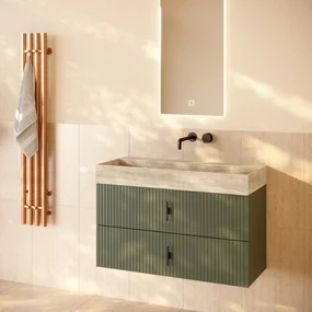 Muebles Murcia badmeubel ribbelfront 100cm legergroen met White Travertin wastafel zonder kraangat
