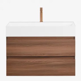 Ona Zwevend Badkamermeubelset Van Hout En Essenfineer Met Geïntegreerde Wastafel Spiegelloze & Donker Hout & ↔︎ 80 Cm & Roségoud Geborst - Sklum