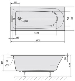 Polysan Lisa Slim ligbad 170x70x47cm wit