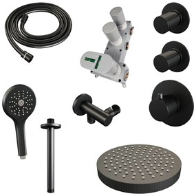 Brauer Stripe inbouw regendouche met 25cm hoofddouche, plafondarm en 3 standen handdouche set 6 zwart mat
