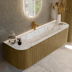 Mondiaz Kurve-dlux 150cm badmeubel ronding links/rechts dusk met 1 lade en 2 deuren en wastafel big medium midden 1 kraangat glace