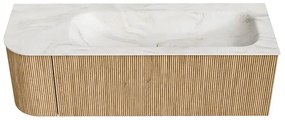 Mondiaz Kurve-dlux 135cm badmeubel ronding links oak met 1 lade en deur en wastafel big medium kraangat rechts ostra