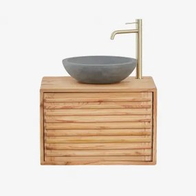 Deleyna Wandgemonteerde Houten Badkamermeubelset Natuurlijk Hout & Rond Grijs Cement Ø40 Cm Tarsis & Spiegelloze & Goud ↑30 Cm - Sklum