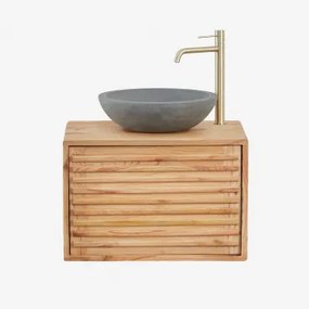 Hangend Badkamermeubelset 60x45 Cm In Hout Deleyna Natuurlijk Hout & Rond Grijs Cement Ø40 Cm Tarsis & Spiegelloze & Geborsteld Goud ↑30 Cm Met Aftapk